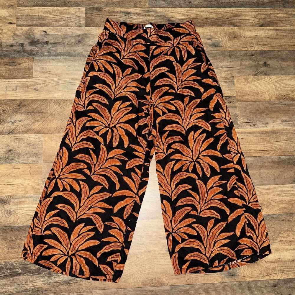 Rachel Zoe Women's Linen Wide-Leg Nature Print Pants Black Orange Size M